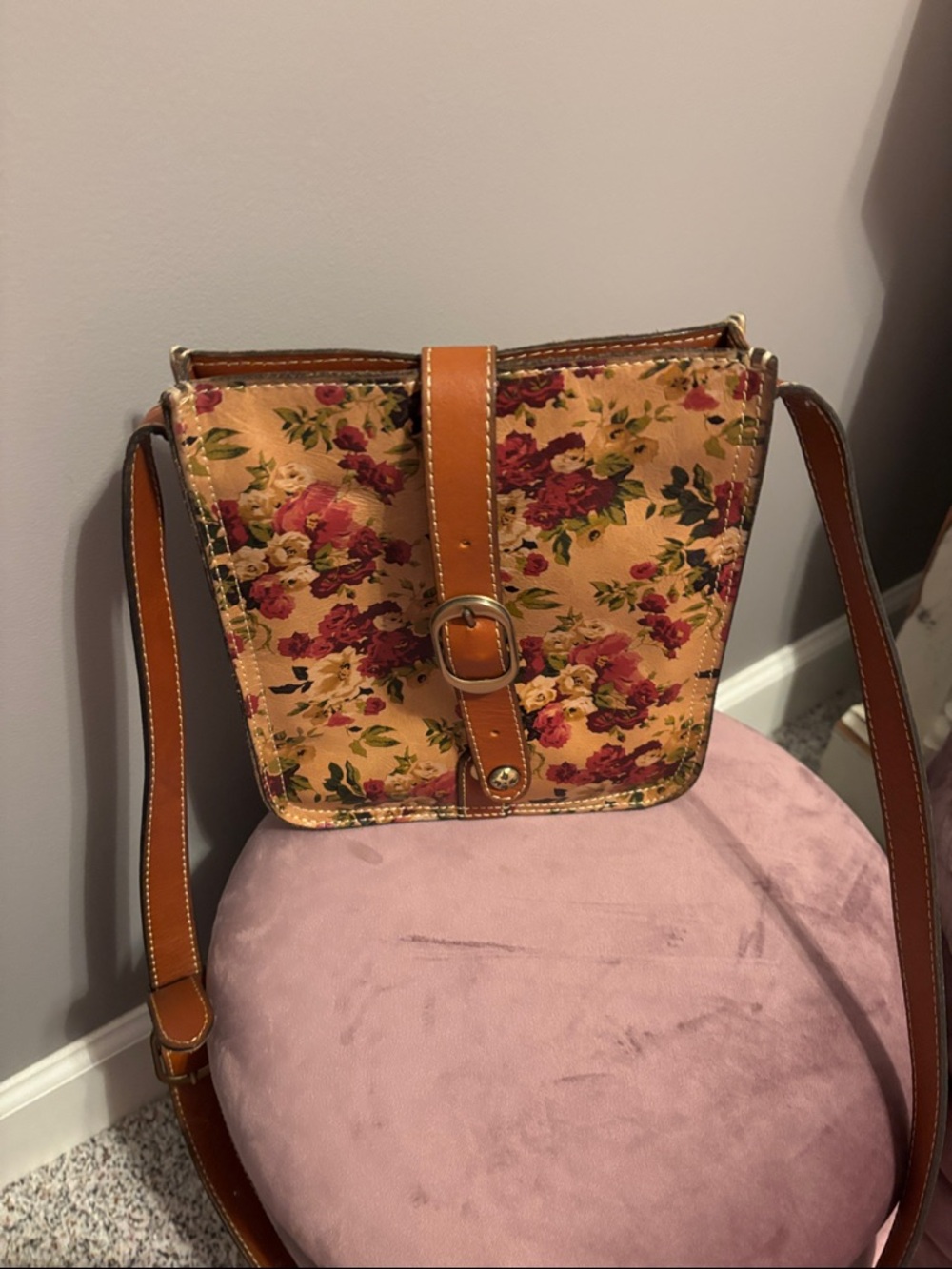 Patricia Nash Floral Crossbody with Tan Leather Strap and Buckle